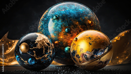 Abstract Design of "Spaceballs", a mix of a pietersite sphere and glass marbles with a style of a nebula.