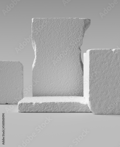 Fototapeta Naklejka Na Ścianę i Meble -  White pieces of Stone wall with broken textured edges, debris stone slabs for product display background. 3d  rendering.