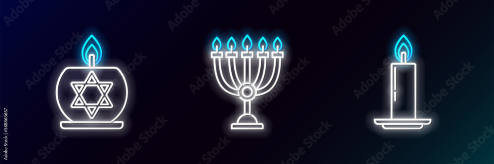 Set line Burning candle in candlestick, with star of david and Hanukkah menorah icon. Glowing neon. Vector Set line Burning candle in candlestick, with star of david and Hanukkah menorah icon. Glowing neon. Vector