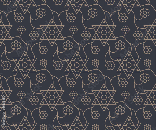 Oriental ornate seamless pattern with Jewish star and flower outline style vector illustration