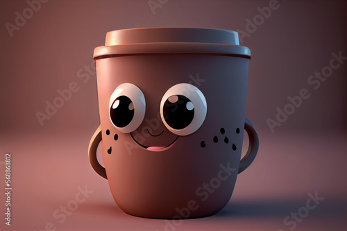 Cute smiling brown coffee cup character created with Generative AI technology