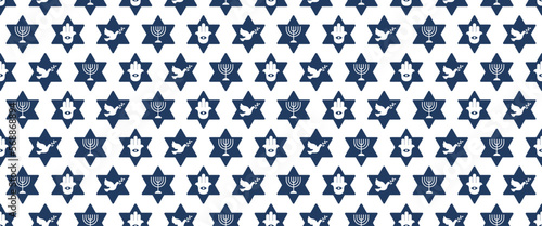 Seamless pattern with symbols of Judaism, star of David, menorah , hand hamsa and dove symbol of peace vector illustration