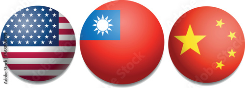 round icon american USA flag, chinese China flag and Taiwan the Republic of China flag vector