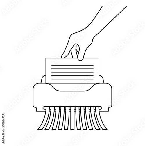 Line hand hold paper sheet in shredder office machine for destruction of documents icon vector illustration