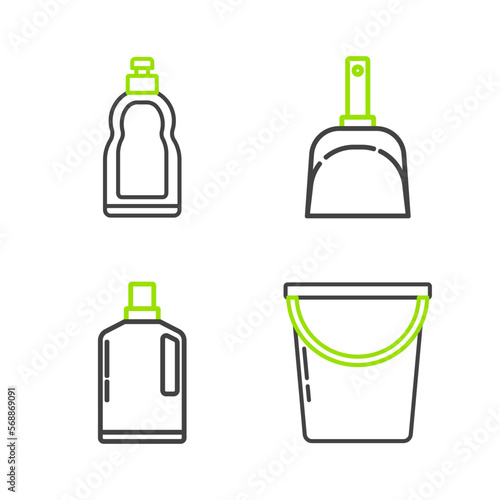 Set line Bucket, Plastic bottles for liquid dishwashing liquid, Dustpan and icon. Vector