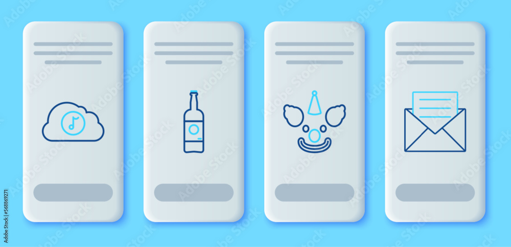 Set line Beer bottle, Clown head, Music streaming service and Envelope with invitation card icon. Vector