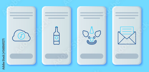 Set line Beer bottle, Clown head, Music streaming service and Envelope with invitation card icon. Vector