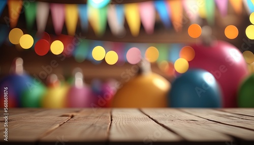 Empty wooden table top whit indoor party birthday background blurred, good for product display, by ai generative