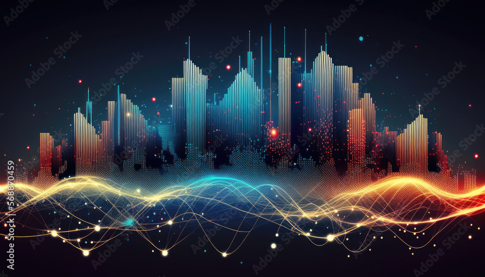 Smart city background with abstract connecting dots. Big data connection technology concept, generative ai