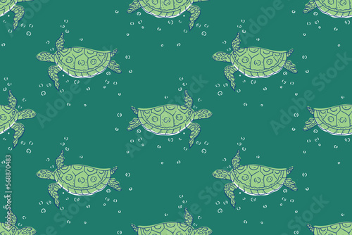 DEEP SEA UNDERWATER NAUTICAL SEAMLESS PATTERN WITH TURTLE VECTOR