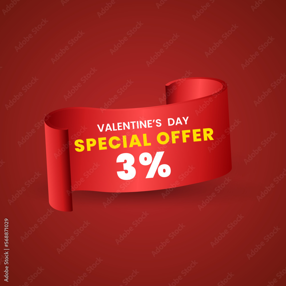 3 percent Special red offer banner design, Red ribbon on red background used in product price tag or banners concept. special Valentine Day. Vector illustration