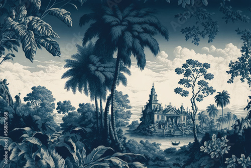 Toile de Jouy pattern background in blue and white with a pastoral theme including a river, trees, palms, nature and a manor. Created with Generative AI.