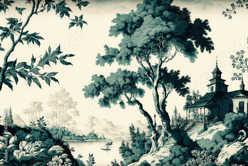 Toile de Jouy pattern background in green and white with a pastoral theme including a lake, trees, nature and a manor. Created with Generative AI.