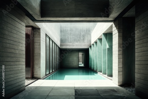 Indoor pool room interior design, modern concrete, made with Generative AI