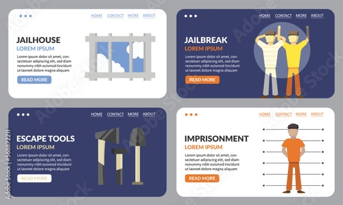 landings on the topic of prison, crime, imprisonment.escape tools, two criminals caught.banners, vector graphics.