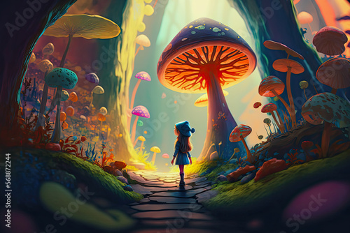 ai midjourney generated illustration of a cute elf walking through magical forest with glowing mushrooms