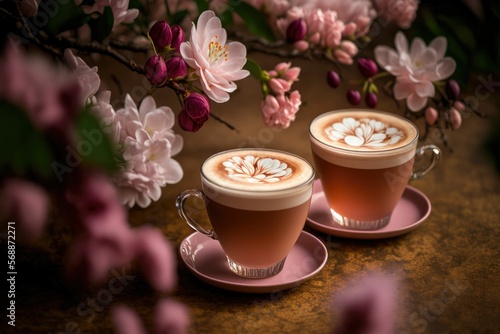 Artistic beautiful romance two cups of latte coffee or chocolate serve with cherry blossom flower branch, spring season and national spring festival theme drink ,made with Generative AI