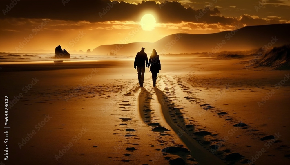 Couple waling on the beach at sunset.