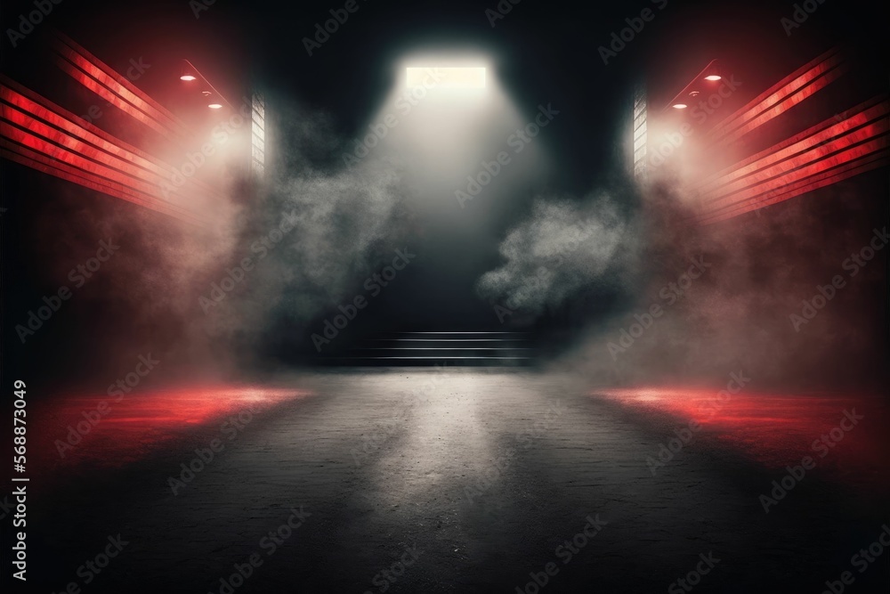Spotlights illuminate empty stage with dark background ,made with Generative AI - obrazy, fototapety, plakaty 