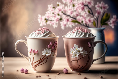 Artistic beautiful romance two cups of latte coffee or chocolate serve with cherry blossom flower branch, spring season and national spring festival theme drink ,made with Generative AI