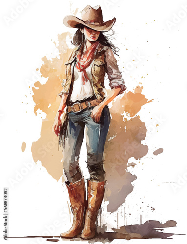 Watercolor style full-length cowgirl, no background, isolated. Artwork design, illustration for T-shirt printing, poster, badge wild west style, American western.