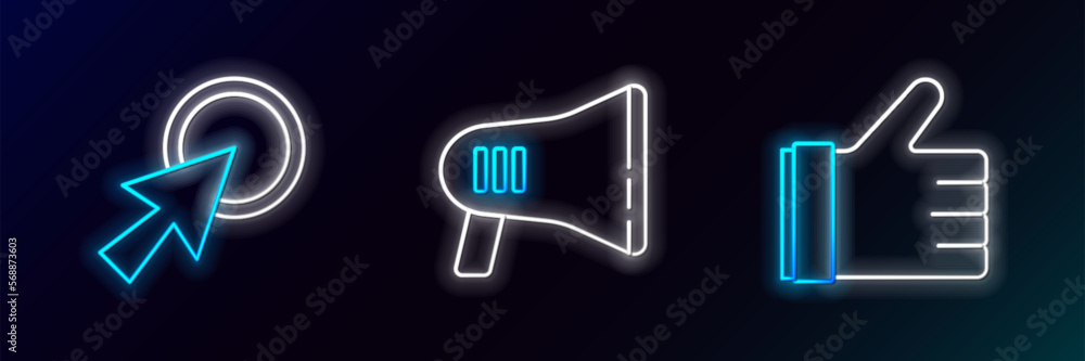 Set line Hand like, Arrow cursor and Megaphone icon. Glowing neon. Vector Set line Hand like, Arrow cursor and Megaphone icon. Glowing neon. Vector