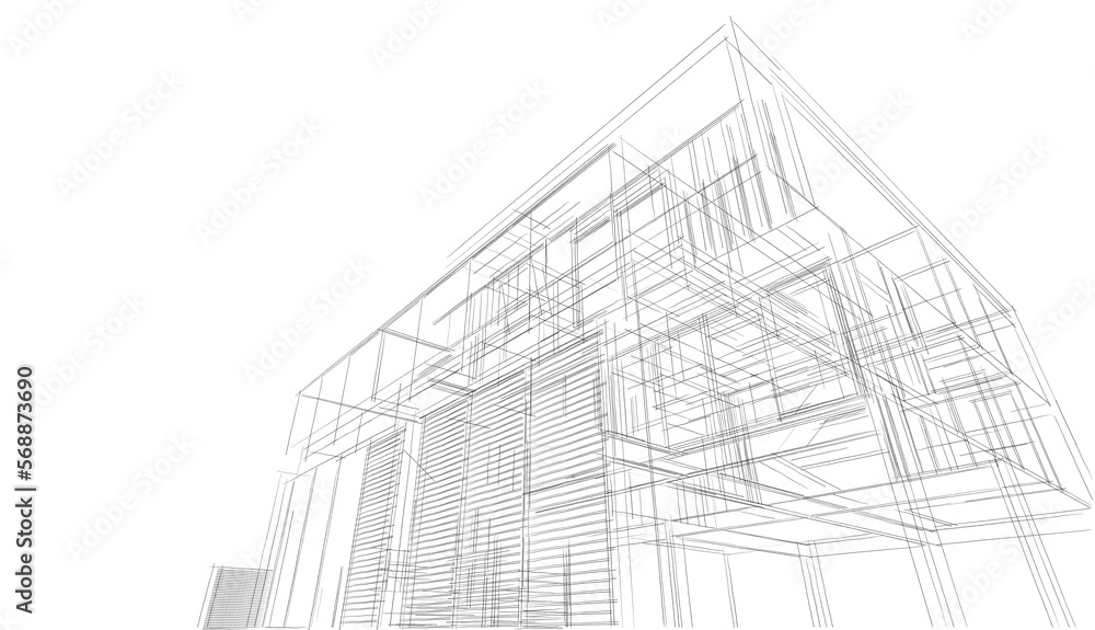 House concept sketch, architectural drawing 3d illustration