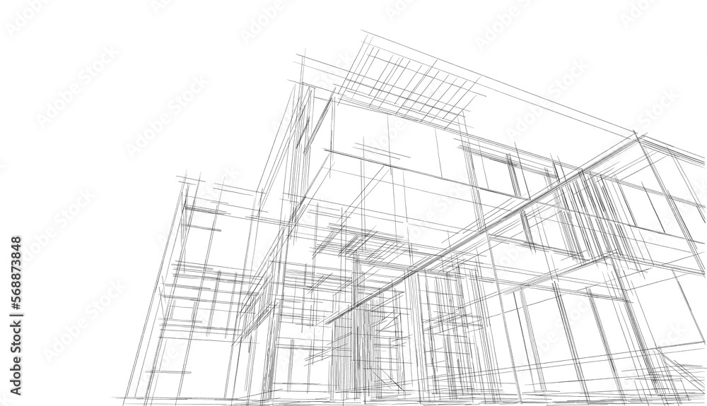 House concept sketch, architectural drawing 3d illustration