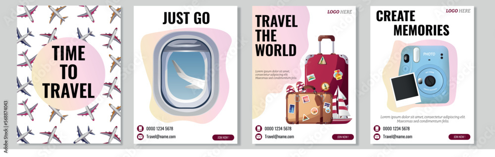 Naklejka premium Travel social media post and web banner template design with red accent. Set of web banner, flyer or poster for travel, tourism company, offer promotion.