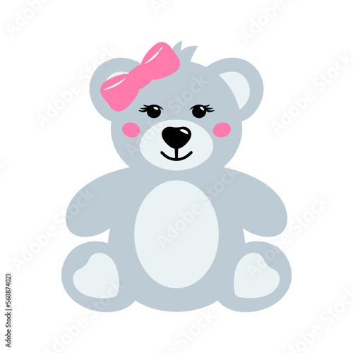 Vector cartoon illustration of sitting polar Teddy Bear isolated on white background. Cute plush white Teddy Bear kids toy icon  toy flat graphic design.