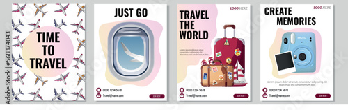 Travel social media post and web banner template design with red accent. Set of web banner, flyer or poster for travel, tourism company, offer promotion.