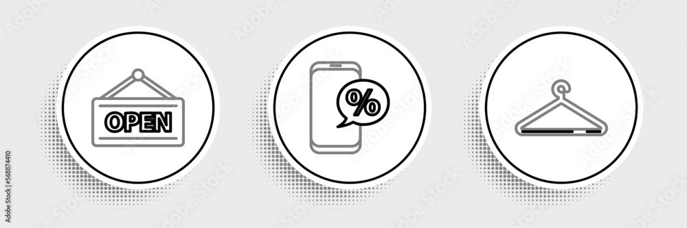 Set line Hanger wardrobe, Hanging sign with Open and Percent discount and phone icon. Vector Set line Hanger wardrobe, Hanging sign with Open and Percent discount and phone icon. Vector