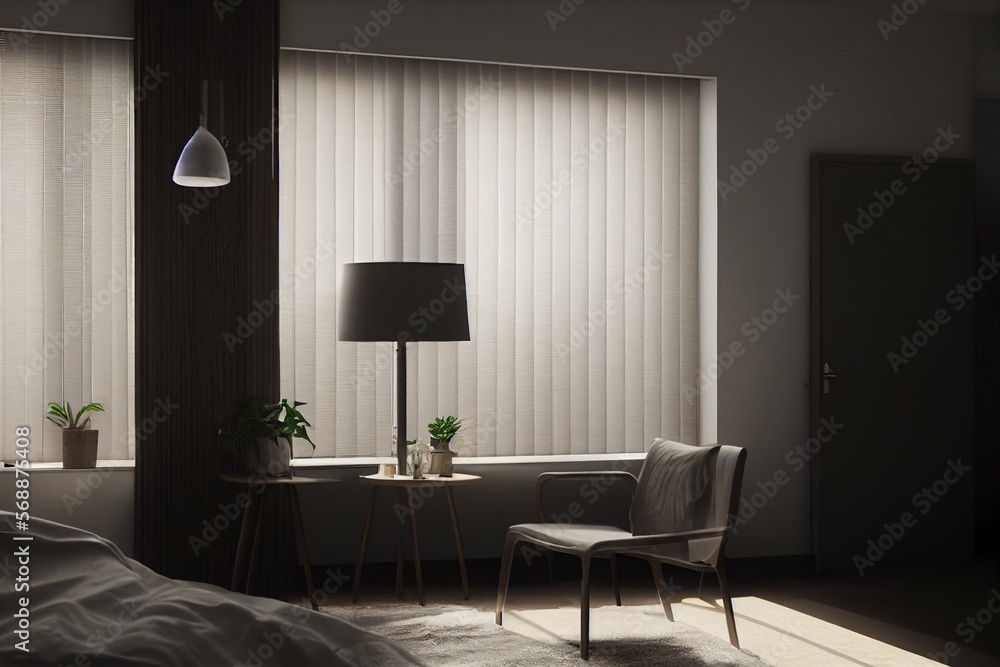 pvc window and vertical blinds in apartment room. Generative AI - obrazy, fototapety, plakaty 