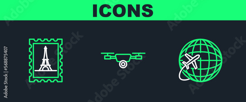 Set line Globe with flying plane, Postal stamp and Eiffel tower and Drone action video camera icon. Vector