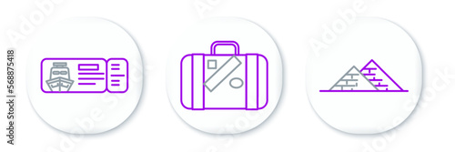 Set line Egypt pyramids, Cruise ticket for traveling by ship and Suitcase and stickers icon. Vector