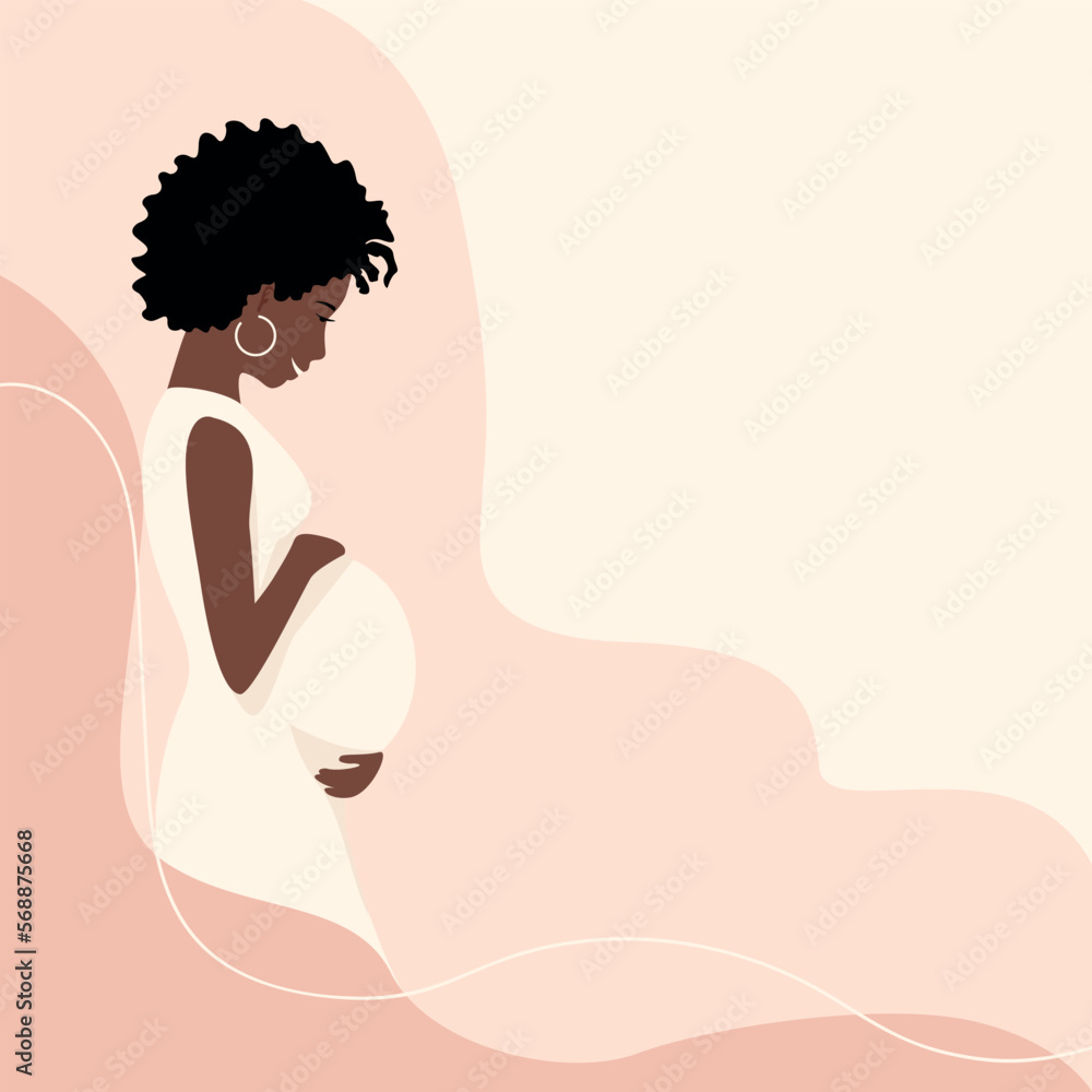 Beautiful black pregnant woman hugging her belly. The happiness of motherhood, vector illustration on abstract minimalistic background with empty space for text.