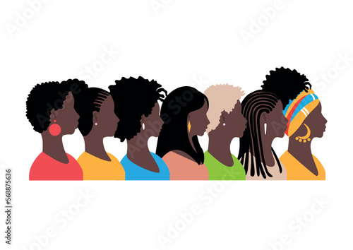 Profile of beautiful black girls with different hairstyles stand together on a white background. A group of African American girls. Vector horizontal illustration.