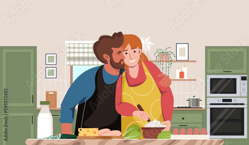 Happy family member cooking together at home kitchen. Smiling people couple cooking preparing food, dining together. Cooking courses landing page template. Preparing homemade meal vector illustration