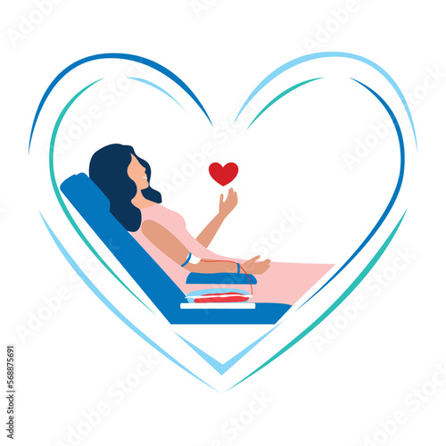 Blood donor. A volunteer at a medical center donates blood. Blood donation. World Blood Donor Day. Thanks for saving lives. Vector illustration template for postcard, poster, media.