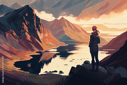 Woman in the mountains looks at a beautiful landscape, travel adventure generative ai background