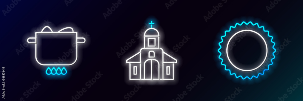 Set line Sun, Egg in hot pot and Church building icon. Glowing neon. Vector
