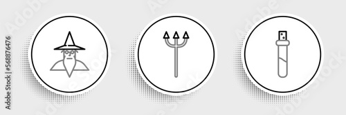 Set line Bottle with love potion, Wizard warlock and Neptune Trident icon. Vector