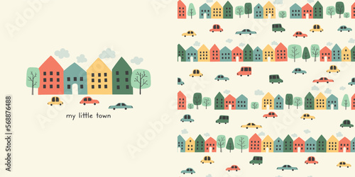My little town. Seamless pattern with hand drawn town landscape and shirt design for kids. Cartoon hand drawn background with houses, cars, roads and trees