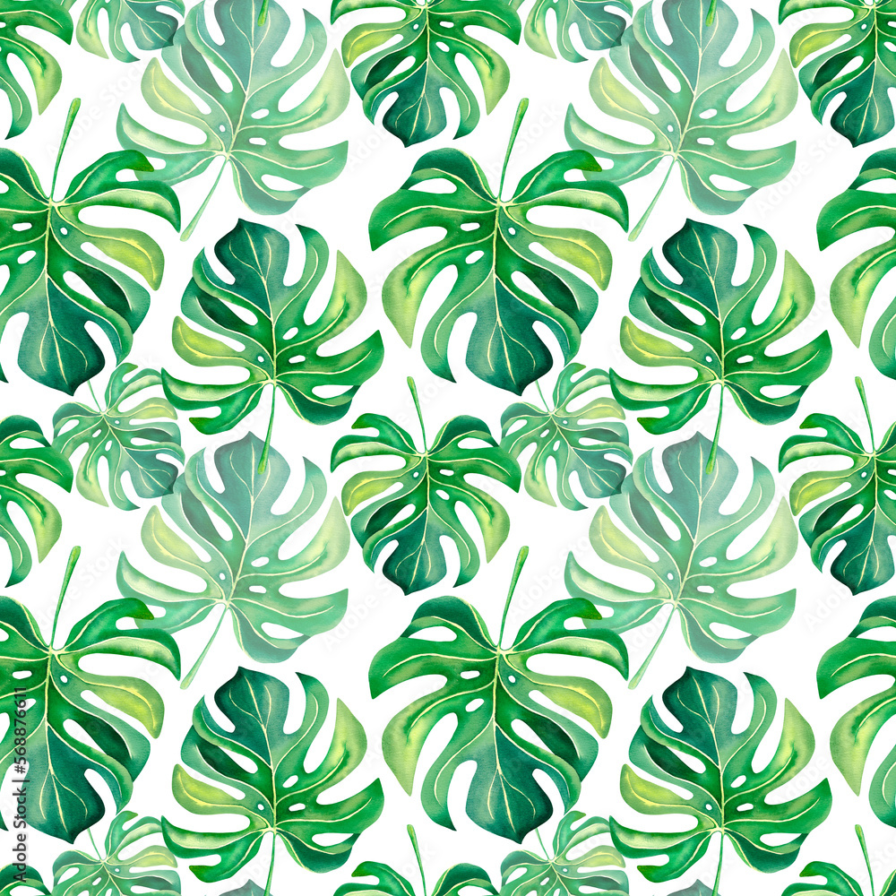 A pattern of tropical plants. Monstera. The palm branch. Watercolor illustration. Nature of the tropics. Collage of monstera and palm trees. Mosaic.