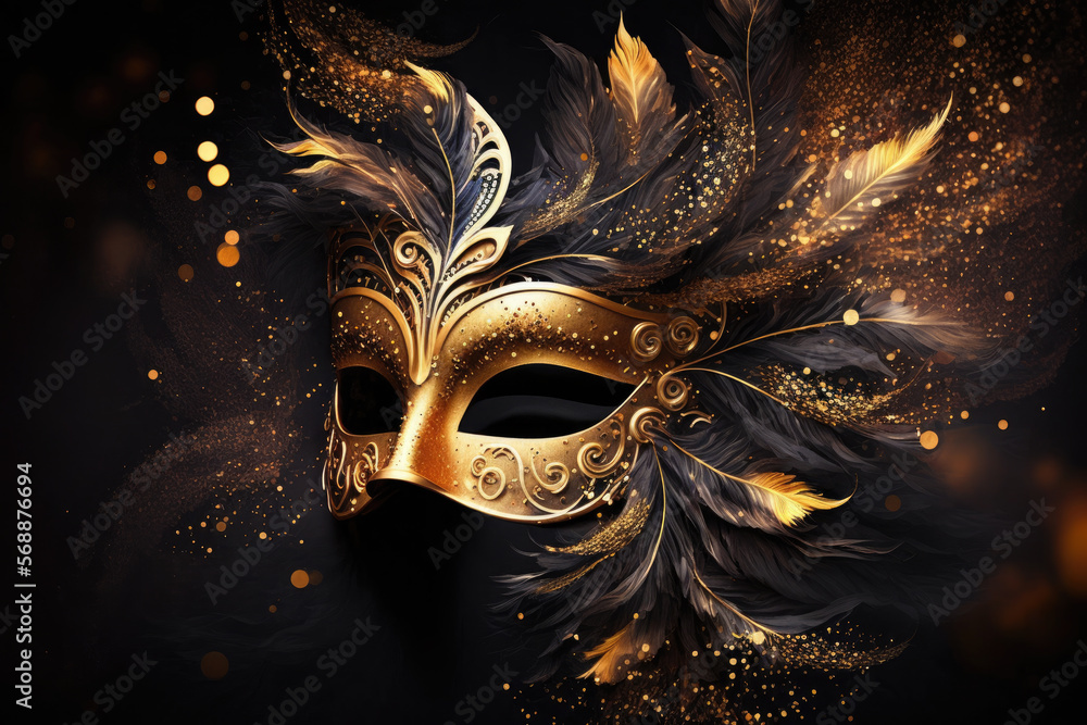 Luxury Mardi Gras golden mask with feathers. Dark background with shining bokeh effect and golden dust glitter. Banner of a venetian carnival concept with copy space. Generative AI. - obrazy, fototapety, plakaty 