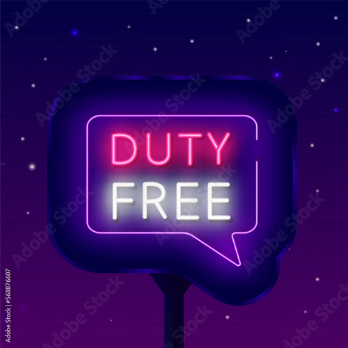 Duty free neon street billboard. Airport shopping. Special offer concept. Marketing promotion. Vector stock illustration