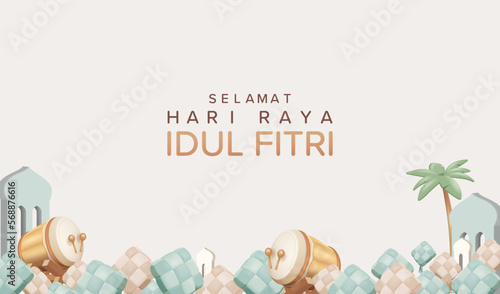 Translation : Happy Eid Mubarak Vector Illustration. 3D Realistic Eid Mubarak Design Banner with Colorful Ketupat And Bedug.  photo