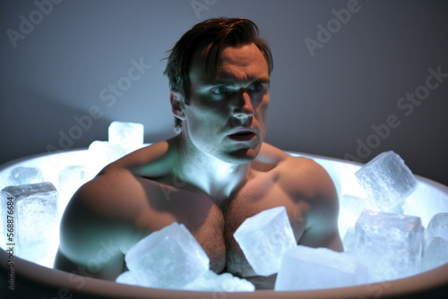 A person sitting in an ice bath surrounded by ice cubes and with a look of determination on their face. the sensation of coldness. photo