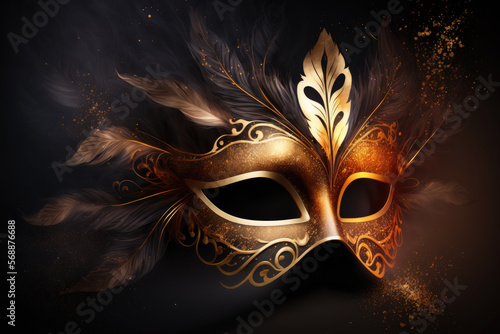 Luxury Mardi Gras golden mask with feathers. Dark background with shining bokeh effect and golden dust glitter. Banner of a venetian carnival concept with copy space. Generative AI.