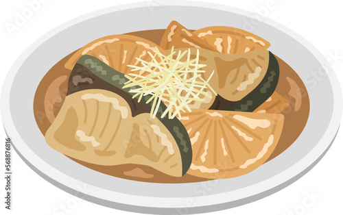 皿に盛り付けられた、ブリ大根の煮物のイラスト